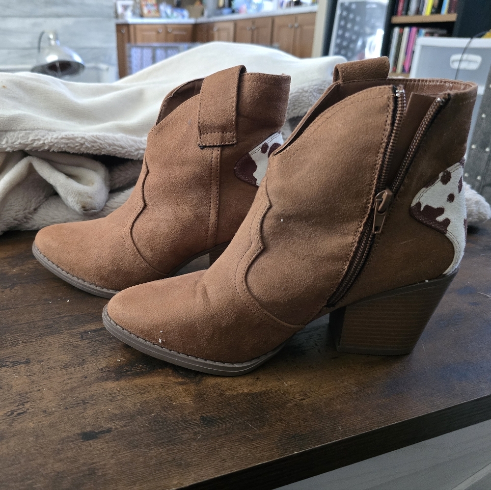 Sugar Brown Suede Ankle Booties with Cow Print Accent